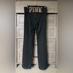 VS Pink Fold Over Black Flare Leggings | Cheetah Print Logo